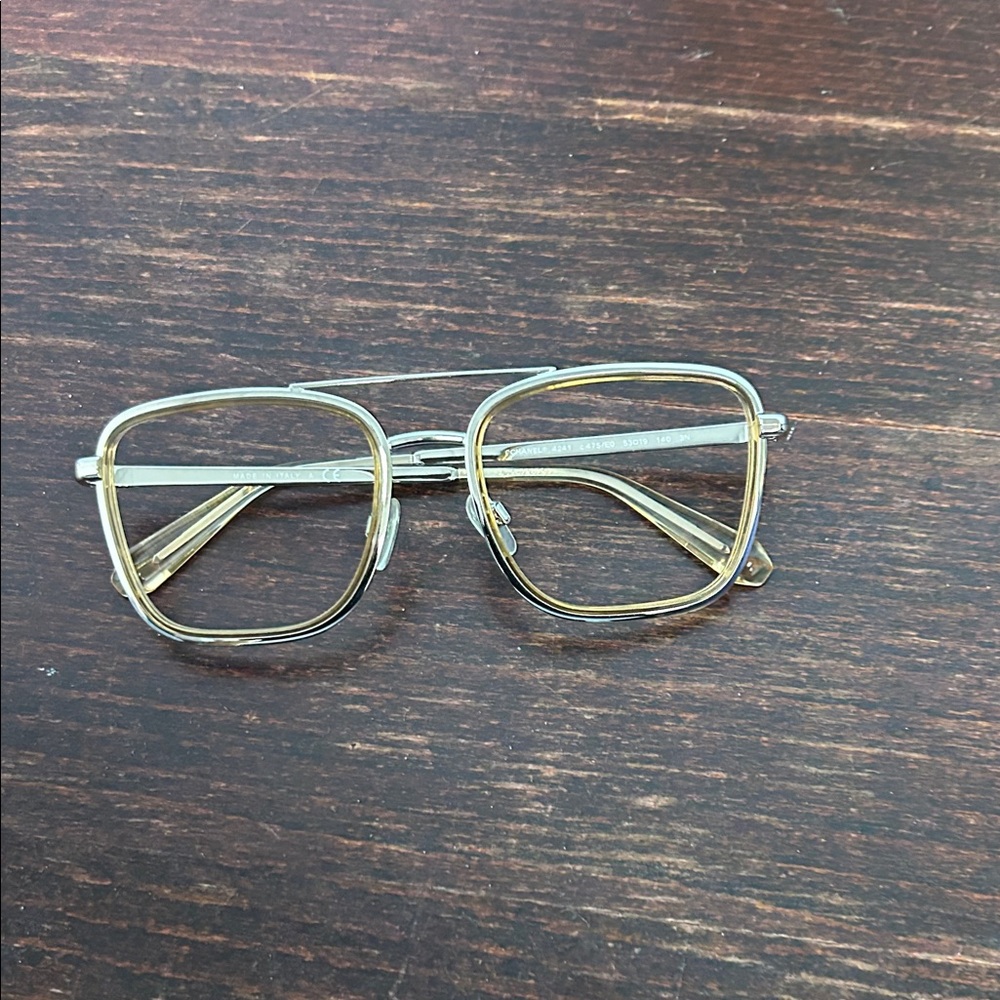 Chanel eye glasses silver with camel color trim